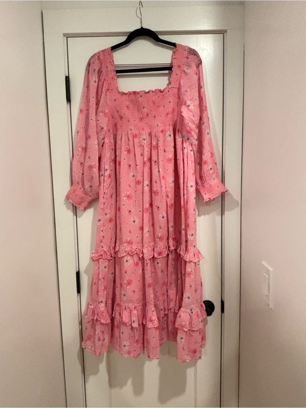 LoveShackFancy Miri Dress Coral Blaze Pink Floral Smocked Ruffled Hem Womens XL - Picture 12 of 16